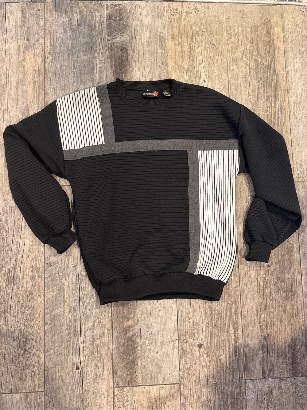 Vintage Sasson Black Crewneck Sweater with Gray and White Panels